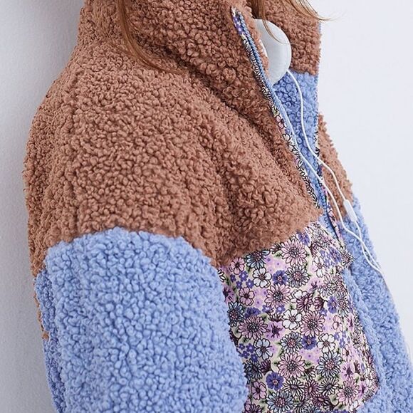 For Love And Lemons Color Block Sherpa Fleece Jacket Brown/Blue, Size XS NWOT - Picture 3 of 14